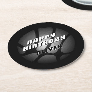Metallic Silver Black Basketball Ball Birthday Round Paper Coaster