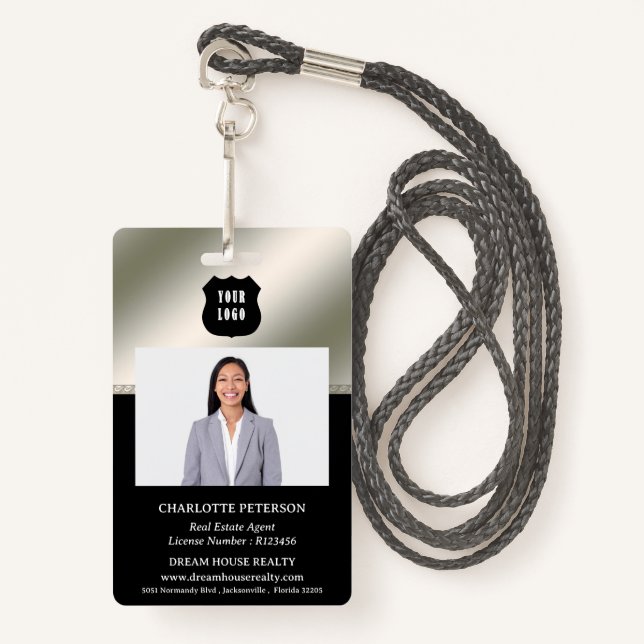 Metallic Silver & Black Real Estate Realtor Name ID Badge (Front with Lanyard)
