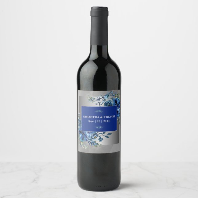 Metallic Silver & Blue Petals: A Taste of Elegance Wine Label (Front)