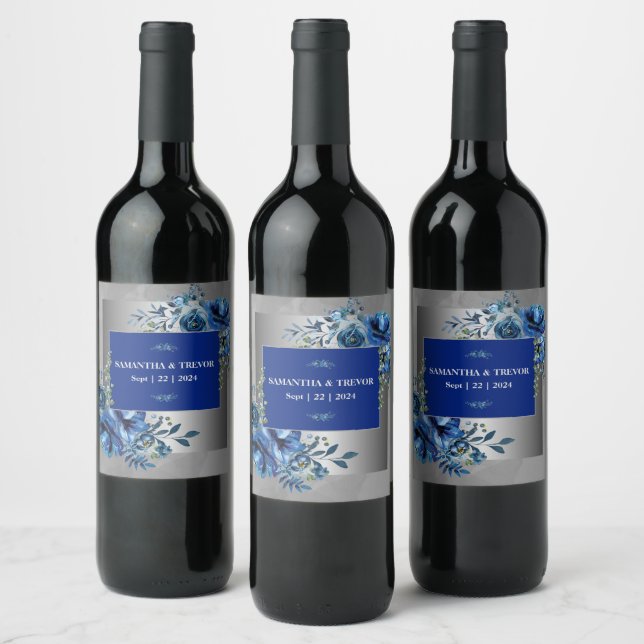 Metallic Silver & Blue Petals: A Taste of Elegance Wine Label (Bottles)