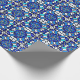 Metallic Silver, Blue Shades Stained Glass Style Wrapping Paper