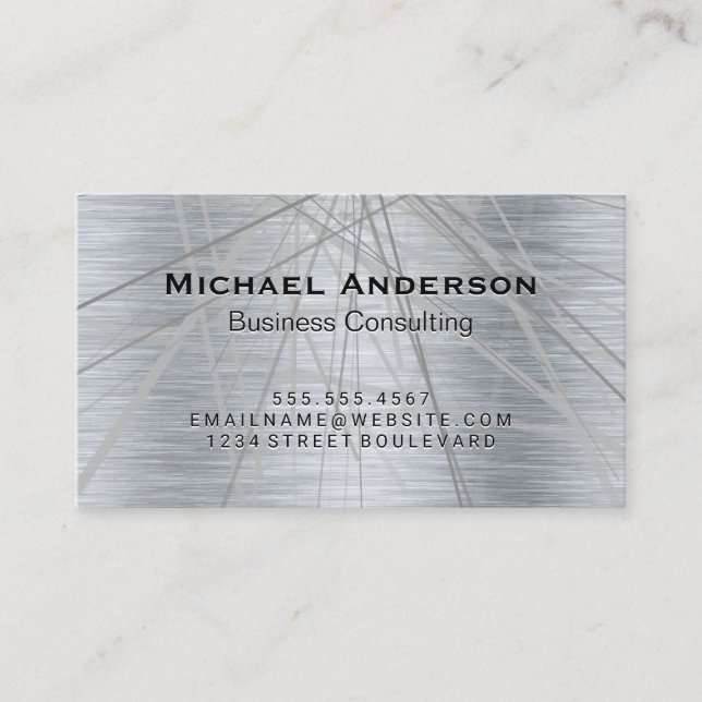 Metallic Silver Brushed Abstract Lines Business Card (Front)