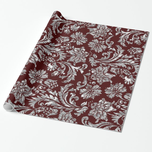 Metallic Silver & Burgundy Red Vintage Damasks Wrapping Paper (Unrolled)