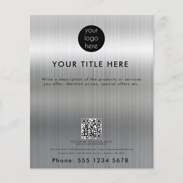 Metallic Silver Business Logo QR Code Promotional  Flyer (Front)