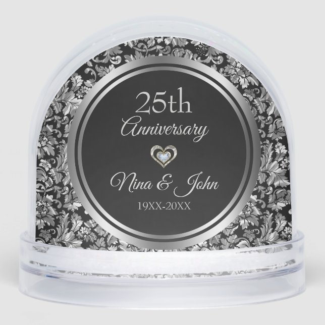 Metallic Silver Damask Wedding Anniversary Snowglobe (Front)