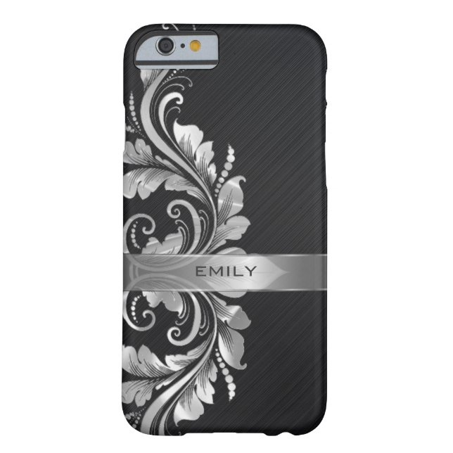 Metallic Silver Floral Swirl Black Background Case-Mate iPhone Case (Back)