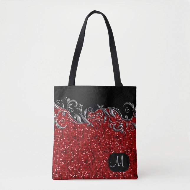 Metallic Silver Floral with Red Confetti Tote Bag (Front)