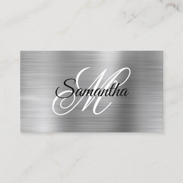 Metallic Silver Foil Fancy Monogram Business Card (Front)