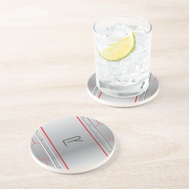 Metallic silver geometric design red accent coaster (Side)