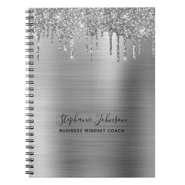 Metallic Silver Glam Glitter Drip Boss Lady Notebook (Front)