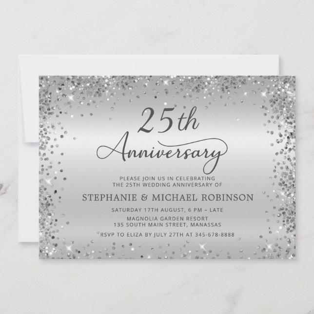 Metallic Silver Glitter 25th Wedding Anniversary Invitation (Front)