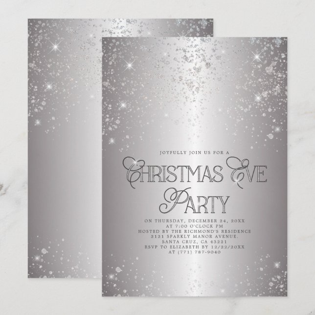Metallic Silver Glitter Christmas Eve Party Invitation (Front/Back)