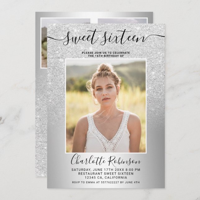 Metallic silver glitter ombre 3 photos Sweet 16 Invitation (Front/Back)