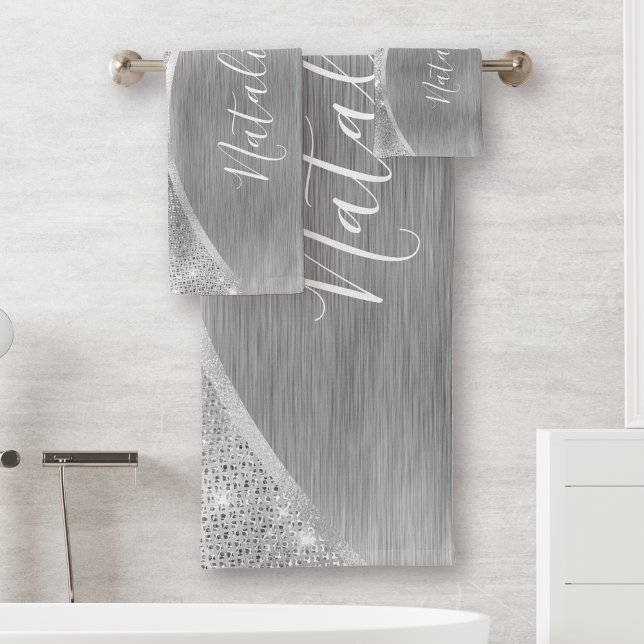 Metallic Silver Glitter Personalised Bath Towel Set (Creator Uploaded)