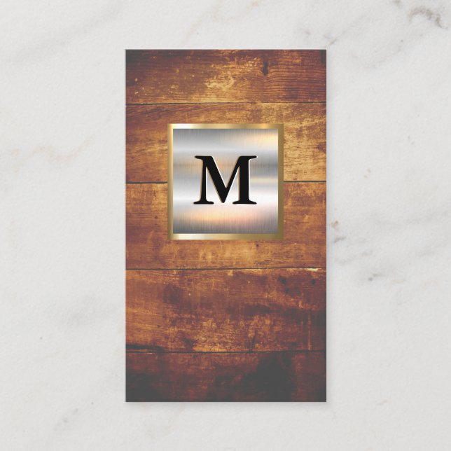 Metallic Silver Gold Banner Monogram | Hardwood Business Card (Front)