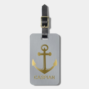 Metallic Silver Gold Nautical Anchor Name Travel Luggage Tag