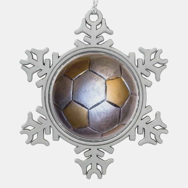 Metallic Silver & gold Soccer Ball Snowflake Pewter Christmas Ornament (Front)