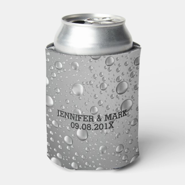 Metallic Silver Gray Abstract Rain Drops Can Cooler (Can Front)