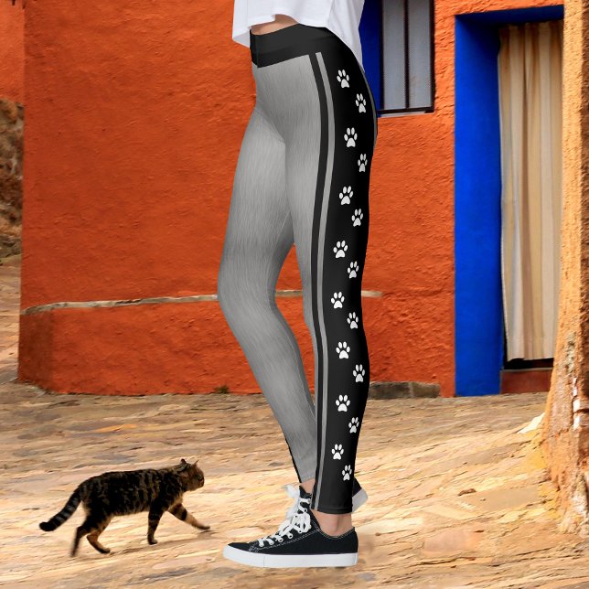 Metallic Silver Gray Black and White Paw Print Leggings (Creator Uploaded)