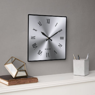 Metallic Silver Gray Black Border Roman Numerals Square Wall Clock