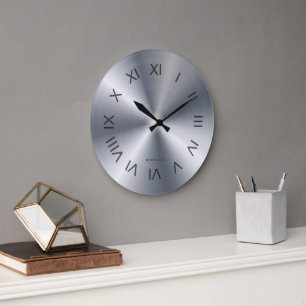 Metallic Silver Gray Texture Custom Monogram Large Clock