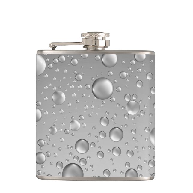 Metallic Silver Grey Abstract Rain Drops Hip Flask (Front)