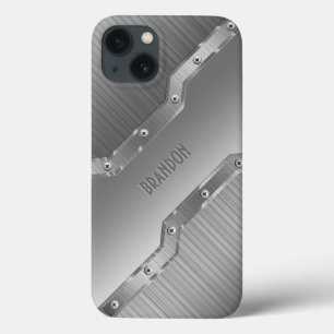 Metallic Silver Grey Brushed Metal Look 2 Monogram iPhone 13 Case