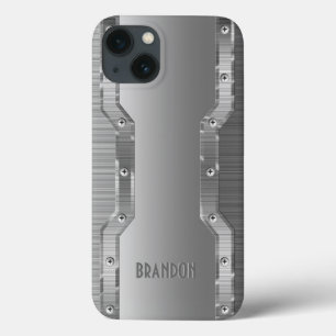 Metallic Silver Grey Brushed Metal Look Monogram iPhone 13 Case