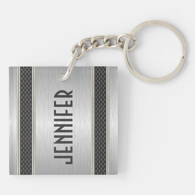 Metallic Silver Grey Design Brushed Aluminium Look Key Ring (Back)