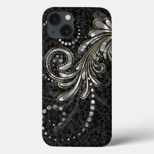Metallic Silver Grey Floral Swirl On Black Damasks iPhone 13 Case
