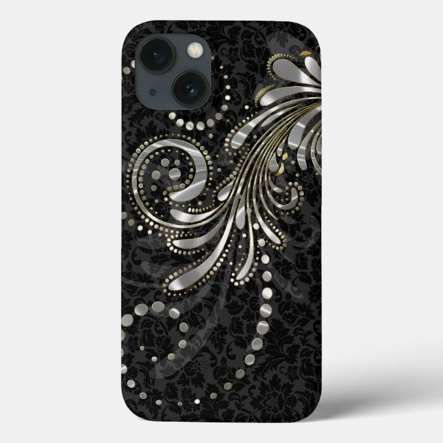 Metallic Silver Grey Floral Swirl On Black Damasks Case-Mate iPhone Case (Back)