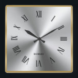 Metallic Silver Grey Gold Border Roman Numerals Square Wall Clock<br><div class="desc">Image of shiny silver grey metallic texture stainless steel look with tin gold border and black Roman numerals.
Optional black name monogram.</div>