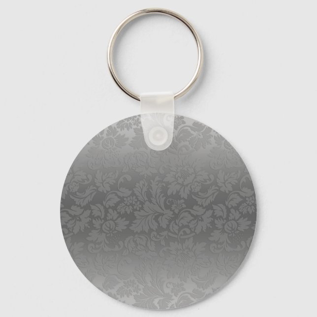 Metallic Silver Grey Monochromatic Floral Damasks Key Ring (Front)