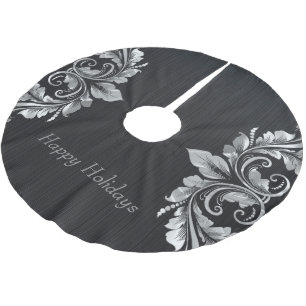 Metallic Silver Grey Swirls Over Black Background Brushed Polyester Tree Skirt