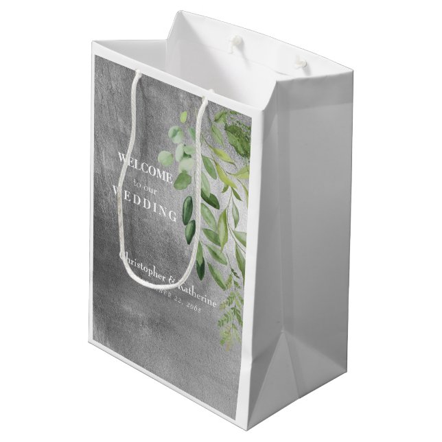 Metallic Silver Image Custom Wedding Welcome  Medi Medium Gift Bag (Back Angled)
