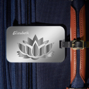 Metallic silver lotus flower luggage tag