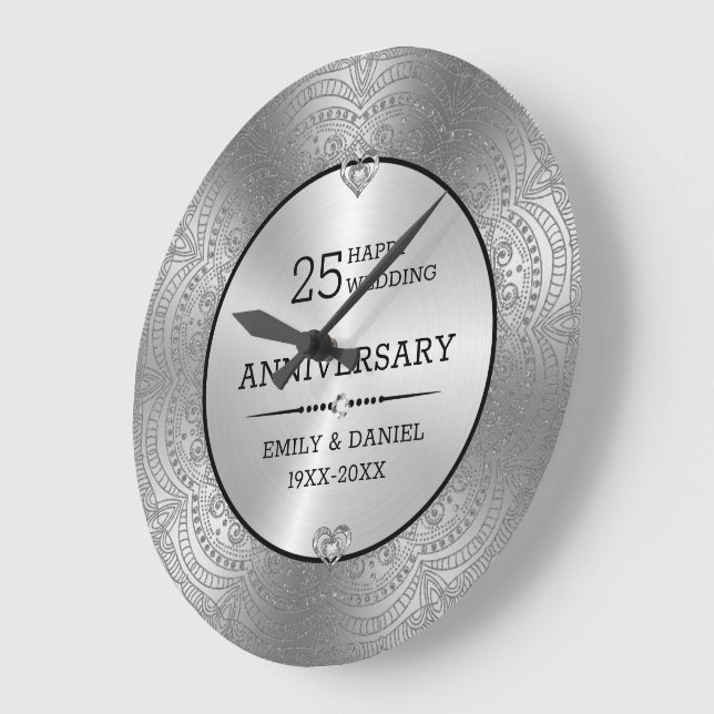 Metallic silver mandala 25th Anniversary template Large Clock (Angle)