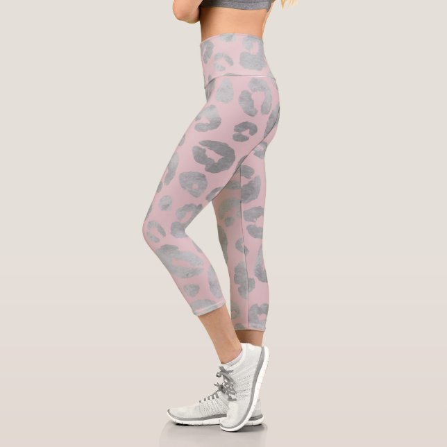 Metallic Silver & Rose Pink Cheetah Capri Leggings (Left)