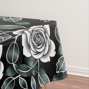 Metallic Silver Roses With Dark Green Leaves Tablecloth