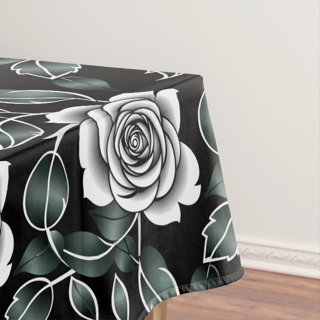 Metallic Silver Roses With Dark Green Leaves Tablecloth (In Situ)