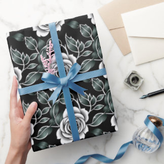 Metallic Silver Roses With Dark Green Leaves Wrapping Paper