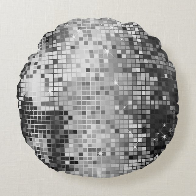 Metallic Silver Sequins Disco Glitter Pixel Art Round Cushion (Front)