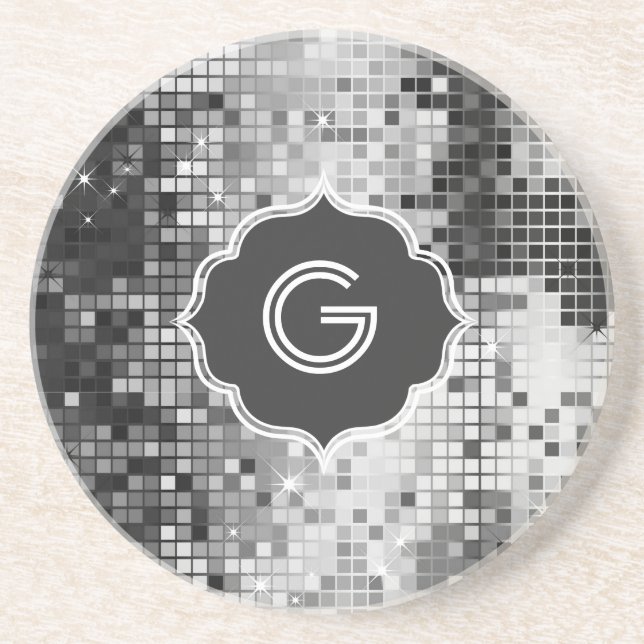 Metallic Silver Sequins Look Disco Mirror-Monogram Coaster (Front)