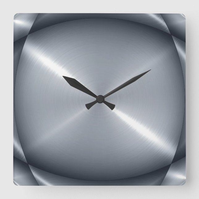 Metallic Silver Stainless Steel Metal Look Square Wall Clock (Front)