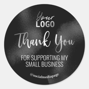 Metallic Silver Text Black Ink Thank You Logo Classic Round Sticker