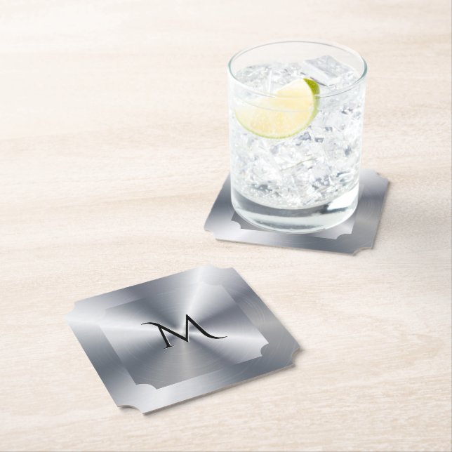 Metallic silver texture personalised monogram paper coaster (Insitu)