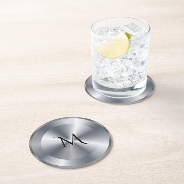 Metallic silver texture personalised monogram round paper coaster (Insitu)