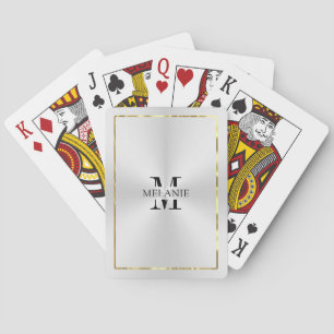 Metallic Silver Texture Shiny Gold Border Monogram Playing Cards