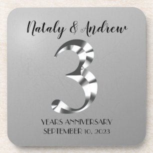 Metallic Silver Third Wedding Anniversary Coaster