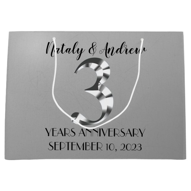 Metallic Silver Third Wedding Anniversary Large Gift Bag (Front)